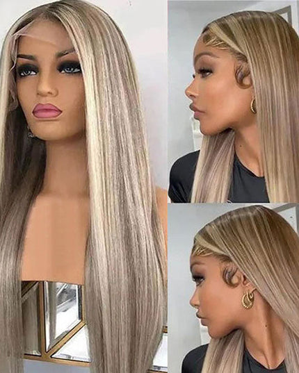 Junoda Highlight Blonde on Brown Hair Straight Ash Blonde Colored Human Hair Wigs junoda