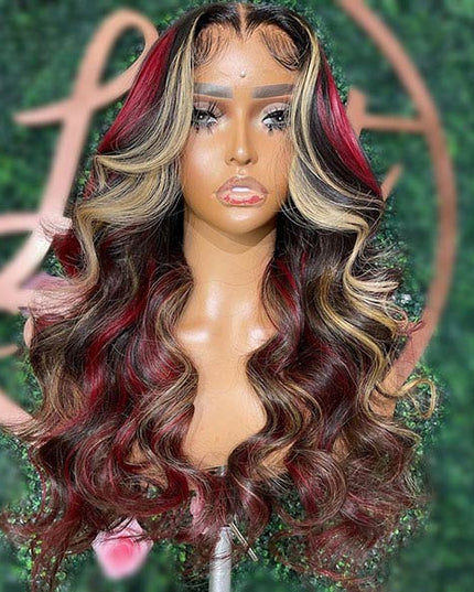 Junoda Highlight Blonde with Burgundy Red Balayage Body Wave Lace Front Human Hair Wigs junoda