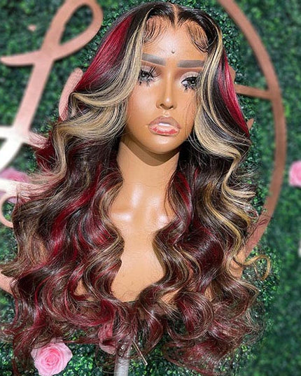Junoda Highlight Blonde with Burgundy Red Balayage Body Wave Lace Front Human Hair Wigs junoda