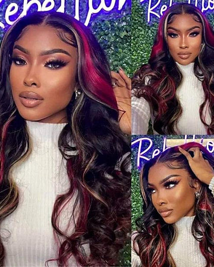 Junoda Highlight Blonde with Burgundy Red Balayage Body Wave Lace Front Human Hair Wigs junoda