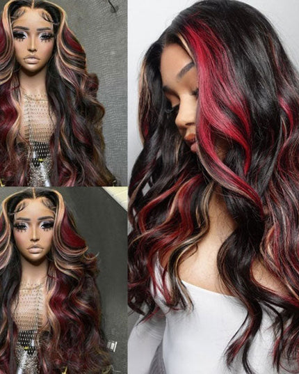 Junoda Highlight Blonde with Burgundy Red Balayage Body Wave Lace Front Human Hair Wigs junoda