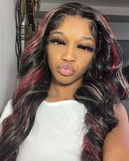 Junoda Highlight Blonde with Burgundy Red Balayage Body Wave Lace Front Human Hair Wigs junoda