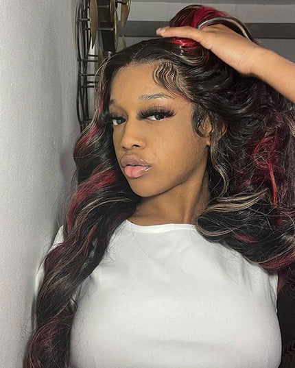 Junoda Highlight Blonde with Burgundy Red Balayage Body Wave Lace Front Human Hair Wigs junoda