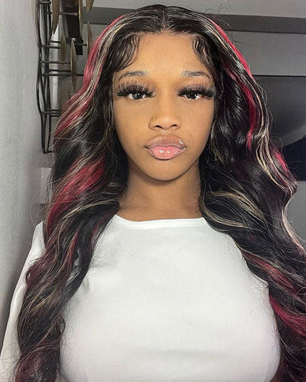 Junoda Highlight Blonde with Burgundy Red Balayage Body Wave Lace Front Human Hair Wigs junoda