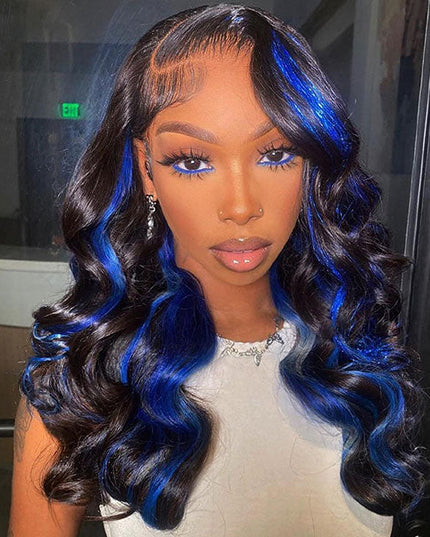 Junoda Highlight Blue Body Wave Wig Colored 13x4 Lace Front Human Hair Wigs junoda