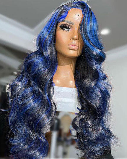 Junoda Highlight Blue Body Wave Wig Colored 13x4 Lace Front Human Hair Wigs junoda