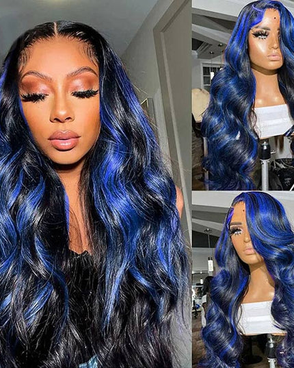 Junoda Highlight Blue Body Wave Wig Colored 13x4 Lace Front Human Hair Wigs junoda
