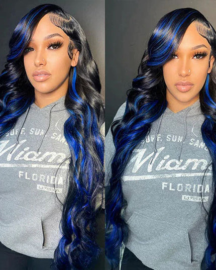 Junoda Highlight Blue Body Wave Wig Colored 13x4 Lace Front Human Hair Wigs junoda