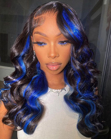 Junoda Highlight Blue Body Wave Wig Colored 13x4 Lace Front Human Hair Wigs junoda