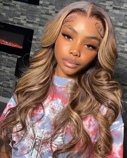 Junoda Highlight Body Wave Wig P4/27 Brown Blonde HD Lace Wig Mix Color Human Hair Wigs junoda