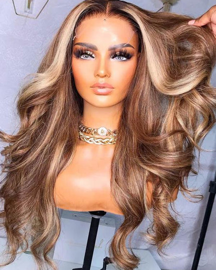 Junoda Highlight Body Wave Wig P4/27 Brown Blonde HD Lace Wig Mix Color Human Hair Wigs junoda
