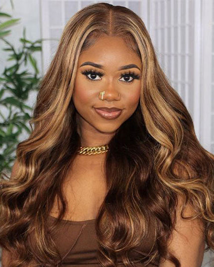 Junoda Highlight Brown 6x5 Pre Cut Lace Wig Mix Color Body Wave Wear & Go Glueless Wig junoda