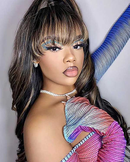 Junoda Highlight Brown Body Wave Human Hair Wig with Bangs Balayage Piano Color Glueless Wig junoda