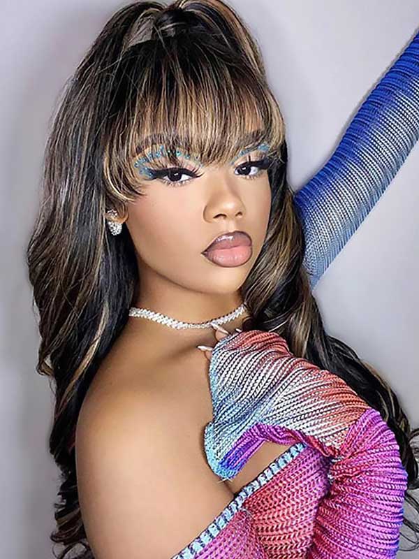 Junoda Highlight Brown Body Wave Human Hair Wig with Bangs Balayage Piano Color Glueless Wig junoda
