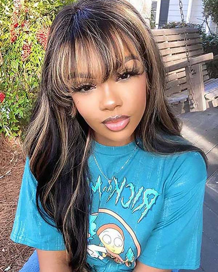 Junoda Highlight Brown Body Wave Human Hair Wig with Bangs Balayage Piano Color Glueless Wig junoda