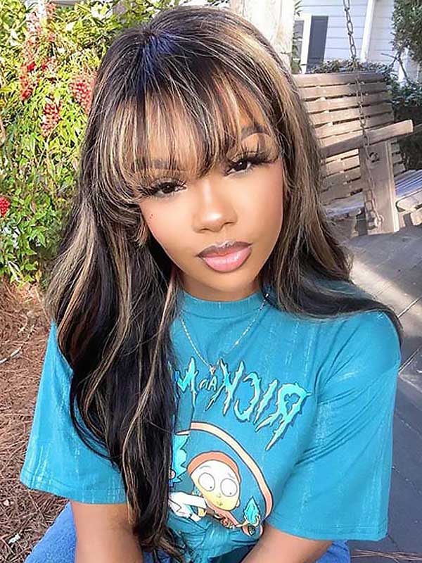 Junoda Highlight Brown Body Wave Human Hair Wig with Bangs Balayage Piano Color Glueless Wig junoda