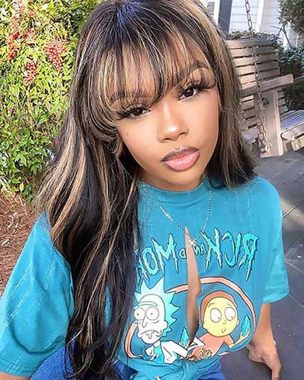Junoda Highlight Brown Body Wave Human Hair Wig with Bangs Balayage Piano Color Glueless Wig junoda