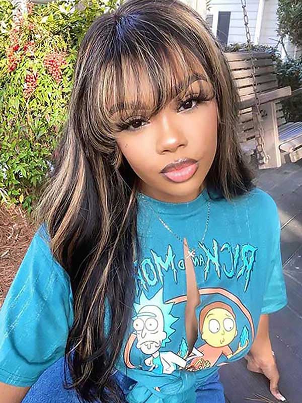 Junoda Highlight Brown Body Wave Human Hair Wig with Bangs Balayage Piano Color Glueless Wig junoda