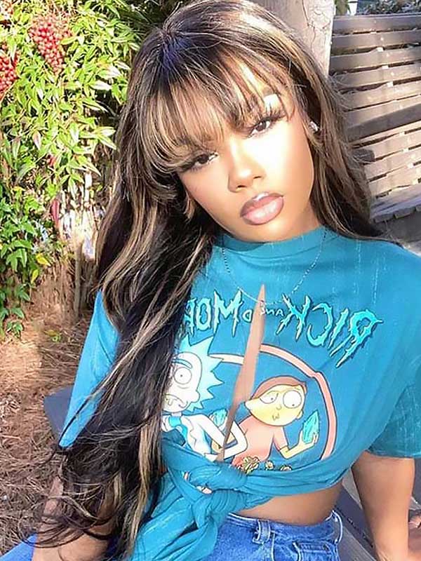 Junoda Highlight Brown Body Wave Human Hair Wig with Bangs Balayage Piano Color Glueless Wig junoda