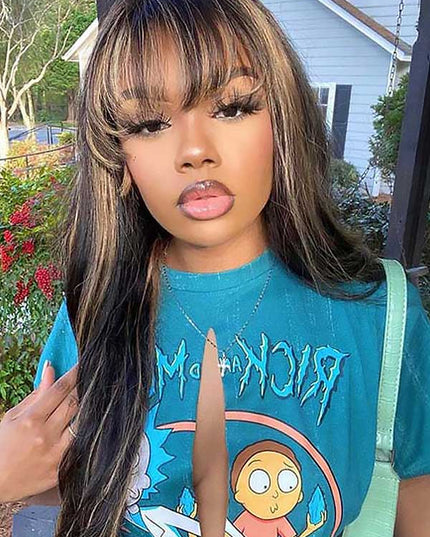 Junoda Highlight Brown Body Wave Human Hair Wig with Bangs Balayage Piano Color Glueless Wig junoda
