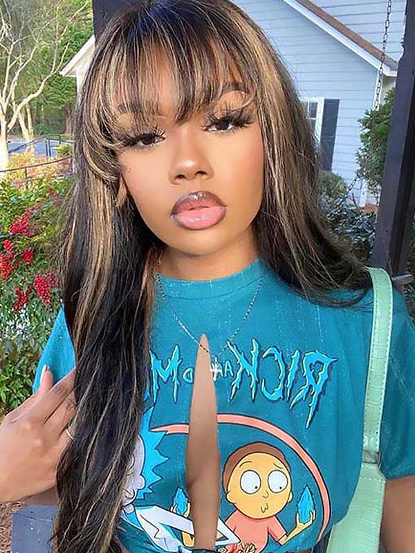 Junoda Highlight Brown Body Wave Human Hair Wig with Bangs Balayage Piano Color Glueless Wig junoda