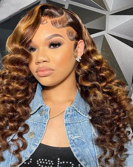 Junoda Highlight Brown Loose Wave Human Hair Wigs Balayage Mix Color Lace Front Wig junoda
