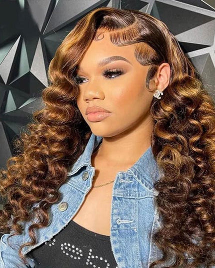 Junoda Highlight Brown Loose Wave Human Hair Wigs Balayage Mix Color Lace Front Wig junoda