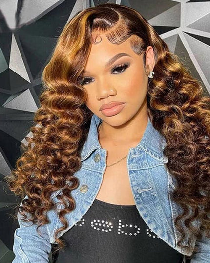 Junoda Highlight Brown Loose Wave Human Hair Wigs Balayage Mix Color Lace Front Wig junoda