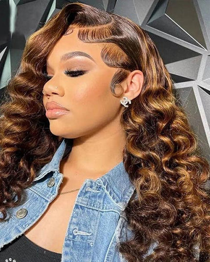 Junoda Highlight Brown Loose Wave Human Hair Wigs Balayage Mix Color Lace Front Wig junoda