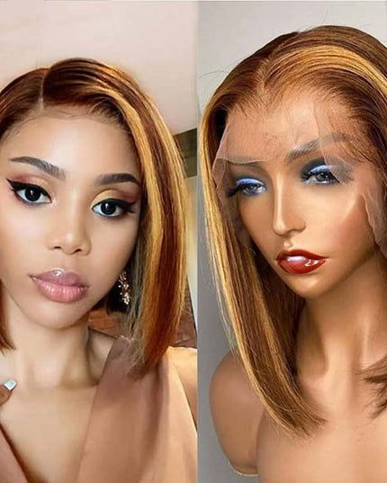 Junoda Highlight Honey Blonde on Brown Hair P4/27 2x6 Lace Straight Bob Wig Fast Shipping junoda