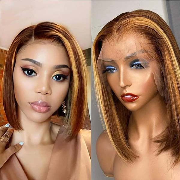 Junoda Highlight Honey Blonde on Brown Hair P4/27 2x6 Lace Straight Bob Wig Fast Shipping junoda