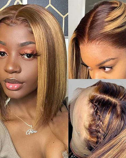 Junoda Highlight Honey Blonde on Brown Hair P4/27 2x6 Lace Straight Bob Wig Fast Shipping junoda