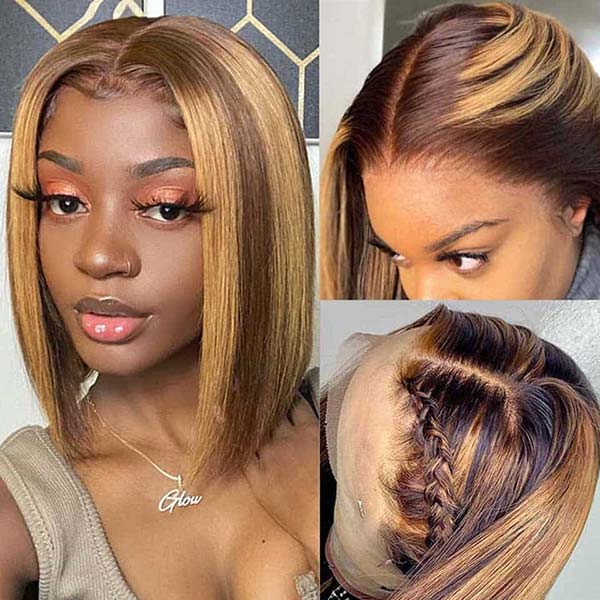 Junoda Highlight Honey Blonde on Brown Hair P4/27 2x6 Lace Straight Bob Wig Fast Shipping junoda