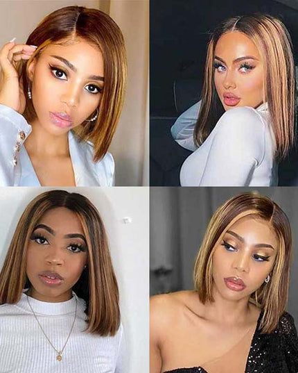 Junoda Highlight Honey Blonde on Brown Hair P4/27 2x6 Lace Straight Bob Wig Fast Shipping junoda