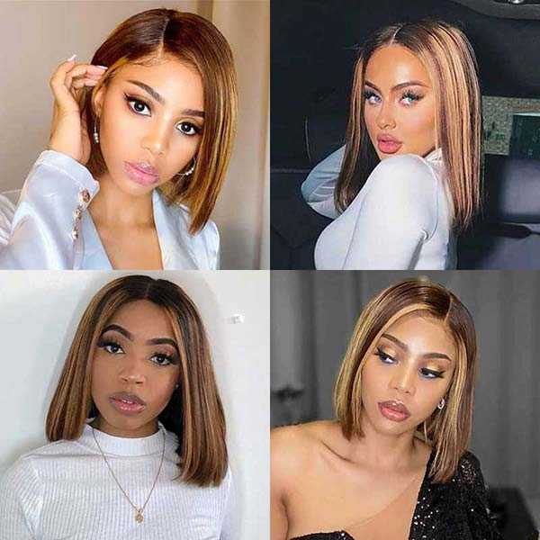 Junoda Highlight Honey Blonde on Brown Hair P4/27 2x6 Lace Straight Bob Wig Fast Shipping junoda