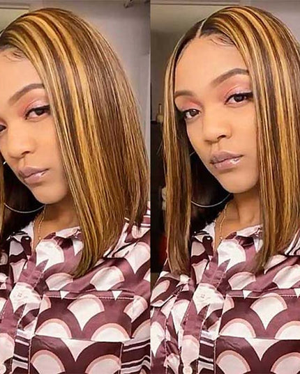 Junoda Highlight Honey Blonde on Brown Hair P4/27 2x6 Lace Straight Bob Wig Fast Shipping junoda