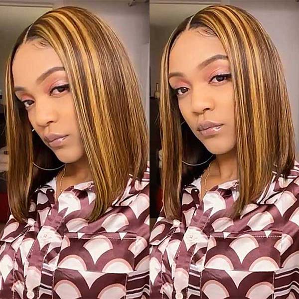 Junoda Highlight Honey Blonde on Brown Hair P4/27 2x6 Lace Straight Bob Wig Fast Shipping junoda
