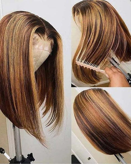 Junoda Highlight Honey Blonde on Brown Hair P4/27 2x6 Lace Straight Bob Wig Fast Shipping junoda