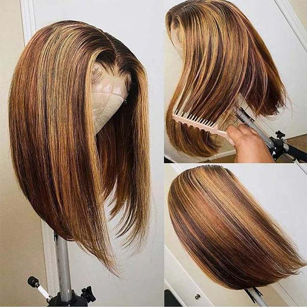 Junoda Highlight Honey Blonde on Brown Hair P4/27 2x6 Lace Straight Bob Wig Fast Shipping junoda