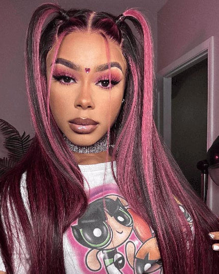 Junoda Highlight Mulberry Purple Red Balayage Human Hair Body Wave/Straight 13x4 Lace Front Wig junoda