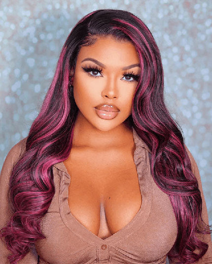 Junoda Highlight Mulberry Purple Red Balayage Human Hair Body Wave/Straight 13x4 Lace Front Wig junoda
