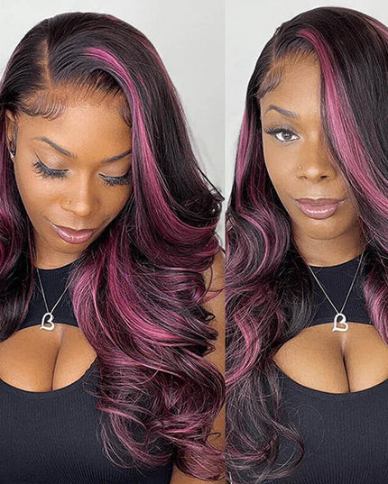 Junoda Highlight Mulberry Purple Red Balayage Human Hair Body Wave/Straight 13x4 Lace Front Wig junoda