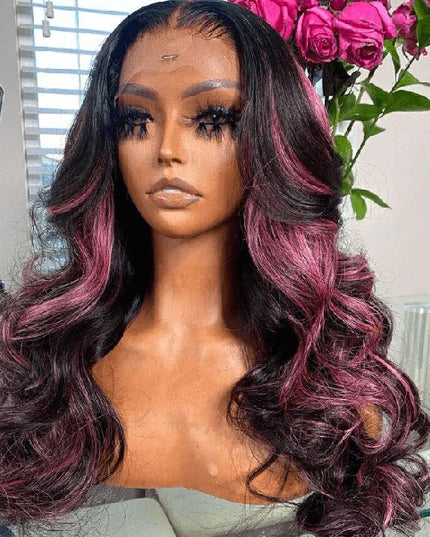 Junoda Highlight Mulberry Purple Red Balayage Human Hair Body Wave/Straight 13x4 Lace Front Wig junoda