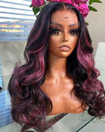 Junoda Highlight Mulberry Purple Red Balayage Human Hair Body Wave/Straight 13x4 Lace Front Wig junoda