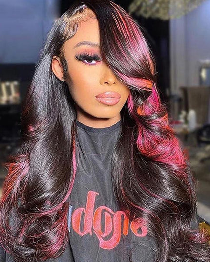 Junoda Highlight Pink Body Wave Wig Balayage Colored Human Hair Lace Front Wig junoda