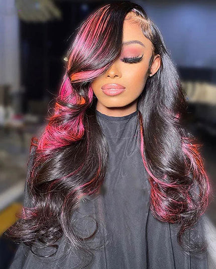 Junoda Highlight Pink Body Wave Wig Balayage Colored Human Hair Lace Front Wig junoda