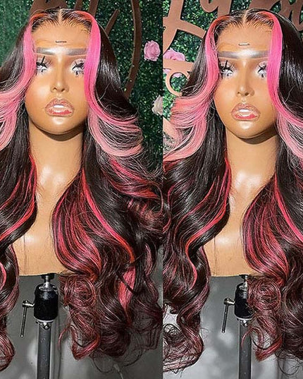 Junoda Highlight Pink Body Wave Wig Balayage Colored Human Hair Lace Front Wig junoda