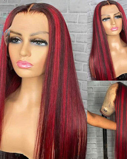 Junoda Highlight Red Straight Human Hair Wigs Balayage Piano Color Lace Wig junoda