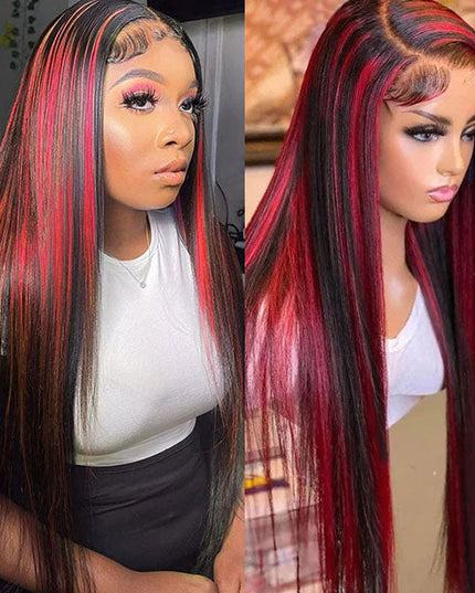 Junoda Highlight Red Straight Human Hair Wigs Balayage Piano Color Lace Wig junoda