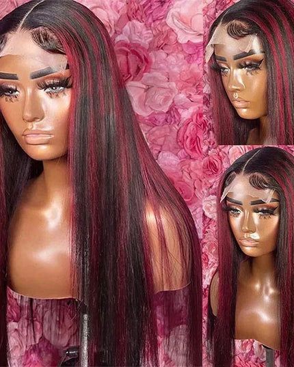 Junoda Highlight Red Straight Human Hair Wigs Balayage Piano Color Lace Wig junoda